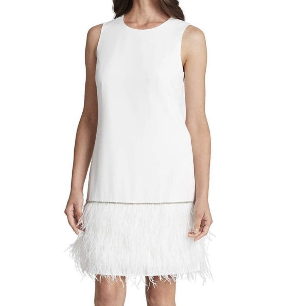 Tahari white sleeveless round neck with feather and rhinestone trim size 2 NWT